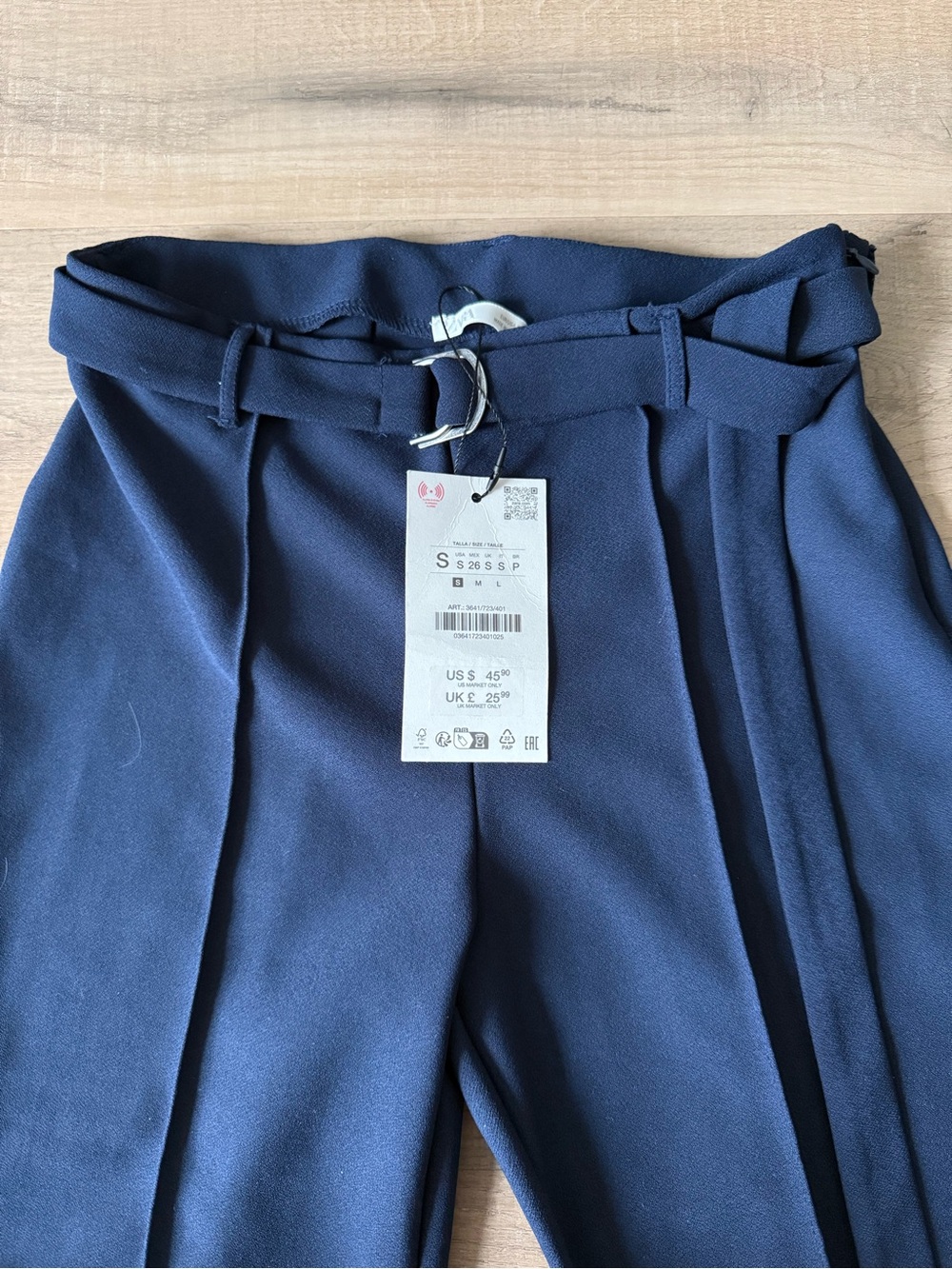 Zara Navy Blue Stretch Crepe Belted Flared Trousers - Small NWT - Picture 7 of 8